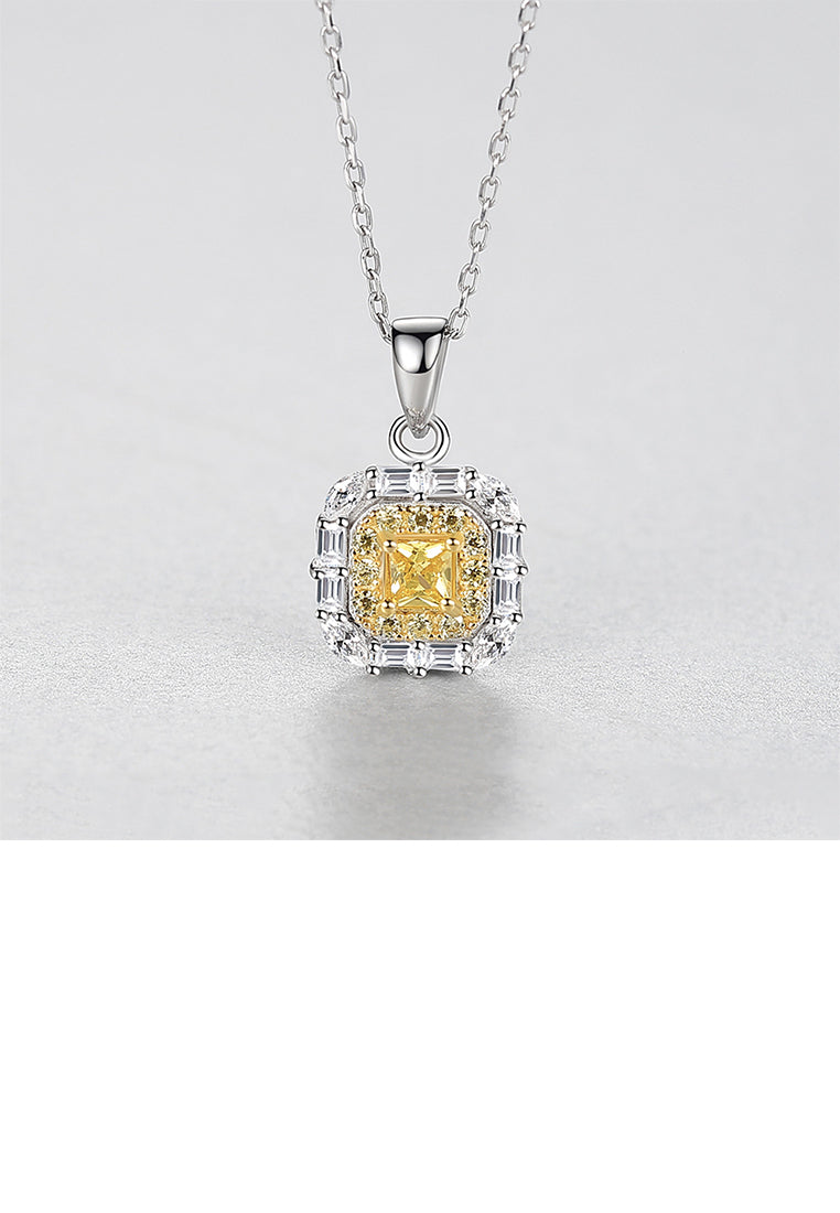 925 Sterling Silver Fashion and Elegant Geometric Square Yellow Cubic Zirconia Pendant with Necklace - Luxurious Look