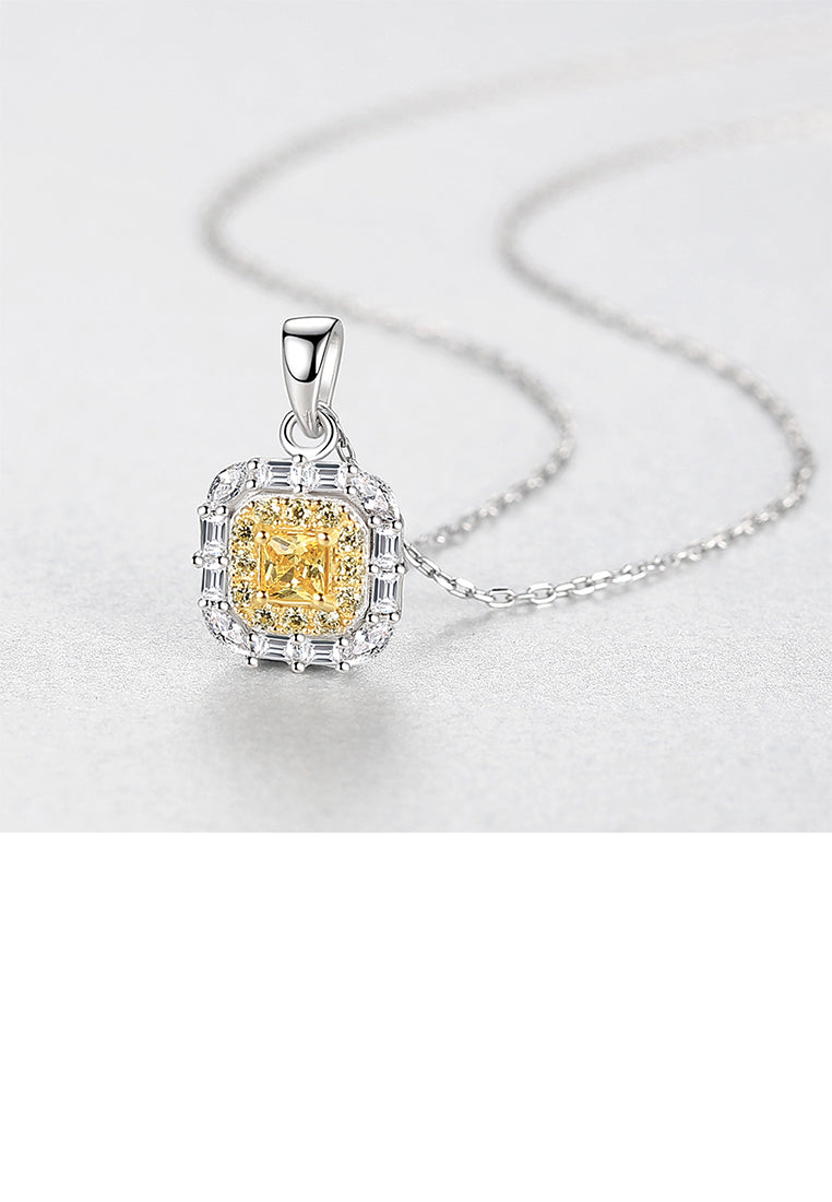 925 Sterling Silver Fashion and Elegant Geometric Square Yellow Cubic Zirconia Pendant with Necklace - Luxurious Look