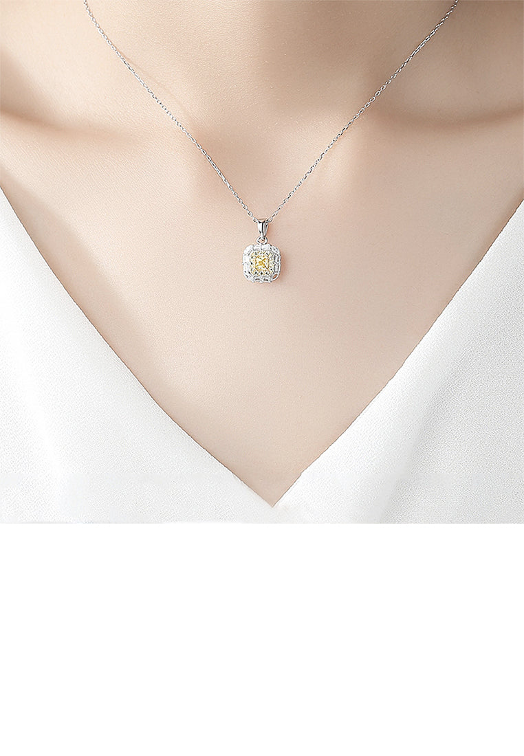 925 Sterling Silver Fashion and Elegant Geometric Square Yellow Cubic Zirconia Pendant with Necklace - Luxurious Look