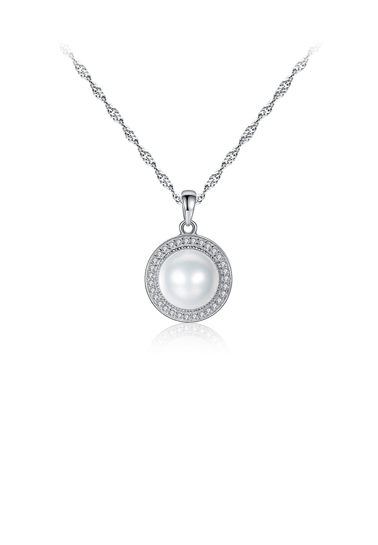 925 Sterling Silver Fashion and Elegant Geometric Round White Freshwater Pearl Pendant with Cubic Zirconia and Necklace - Luxurious Look