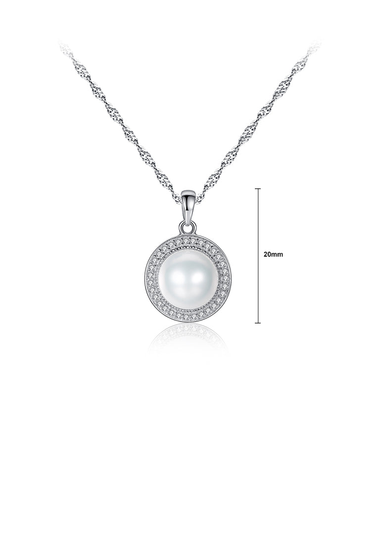 925 Sterling Silver Fashion and Elegant Geometric Round White Freshwater Pearl Pendant with Cubic Zirconia and Necklace - Luxurious Look