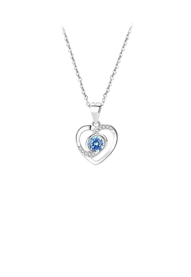 925 Sterling Silver Simple Romantic Hollow Heart-shaped Pendant with Blue Cubic Zirconia and Necklace - Luxurious Look