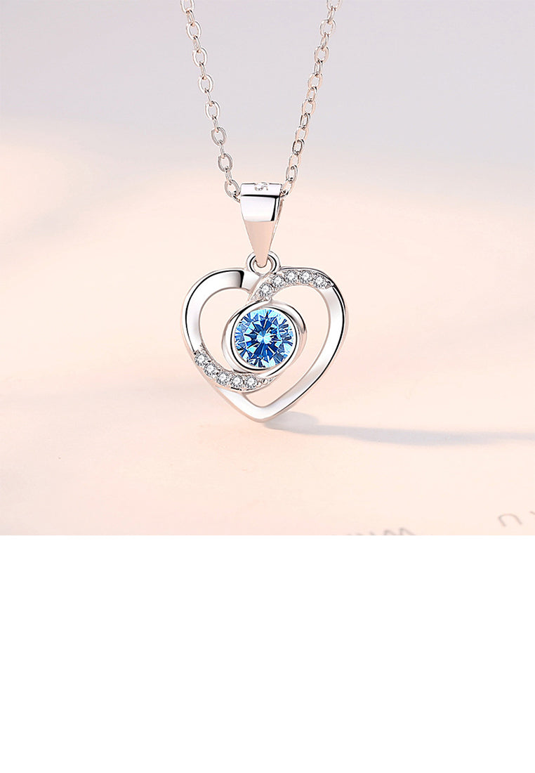925 Sterling Silver Simple Romantic Hollow Heart-shaped Pendant with Blue Cubic Zirconia and Necklace - Luxurious Look