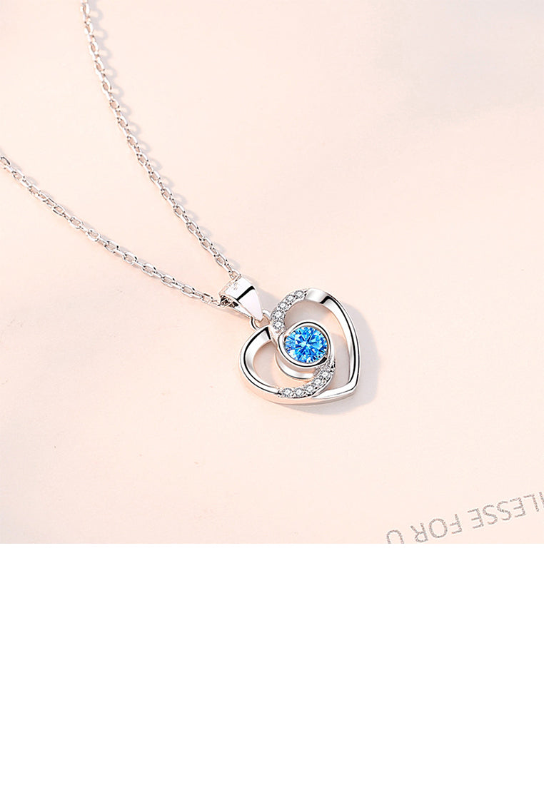 925 Sterling Silver Simple Romantic Hollow Heart-shaped Pendant with Blue Cubic Zirconia and Necklace - Luxurious Look