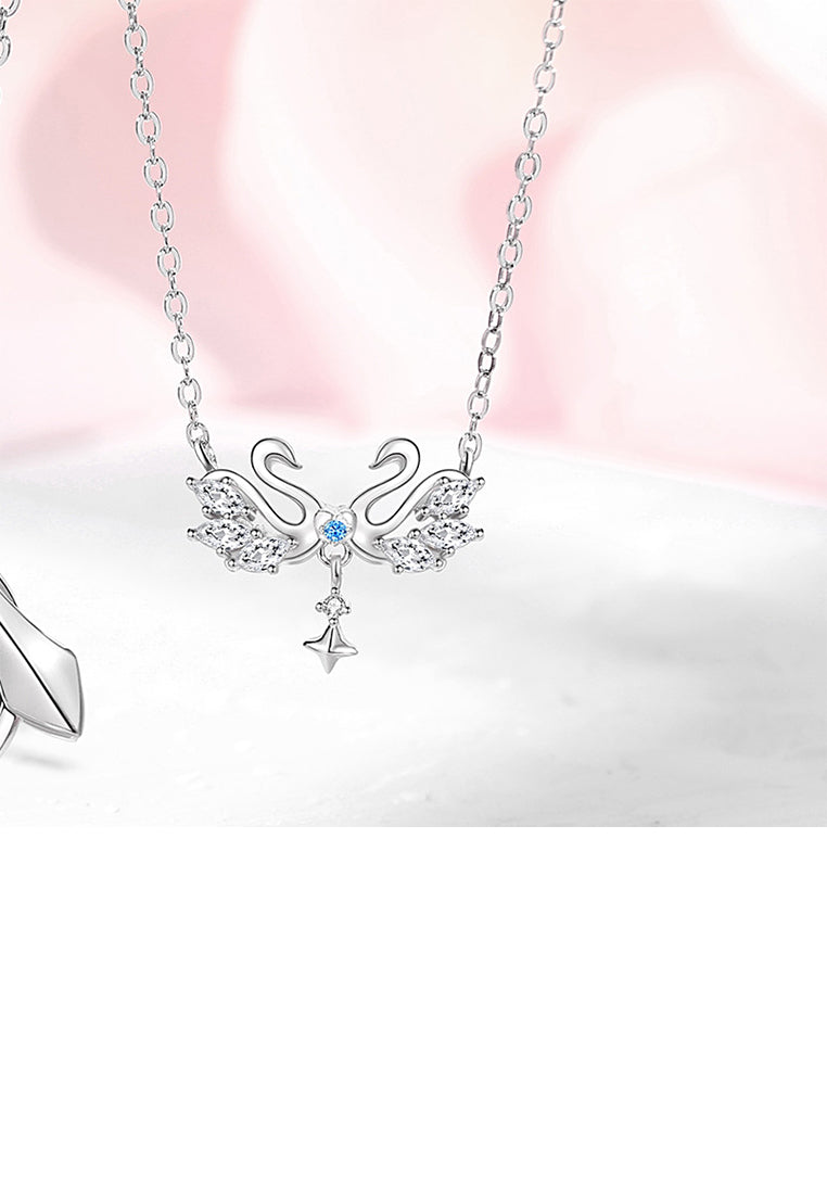 925 Sterling Silver Fashion and Romantic Double Swan Pendant with Cubic Zirconia and Couple Necklace For Women - Luxurious Look