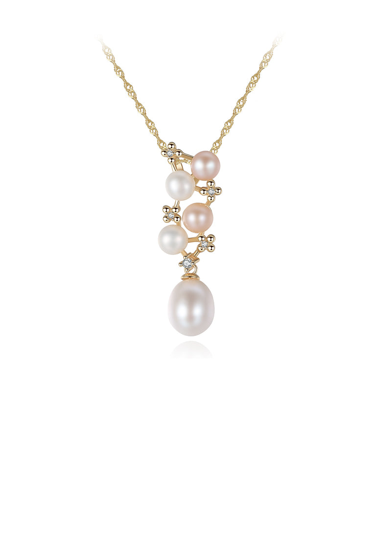 925 Sterling Silver Plated Gold Temperament Elegant Geometric Freshwater Pearl Pendant with Cubic Zirconia and Necklace - Luxurious Look