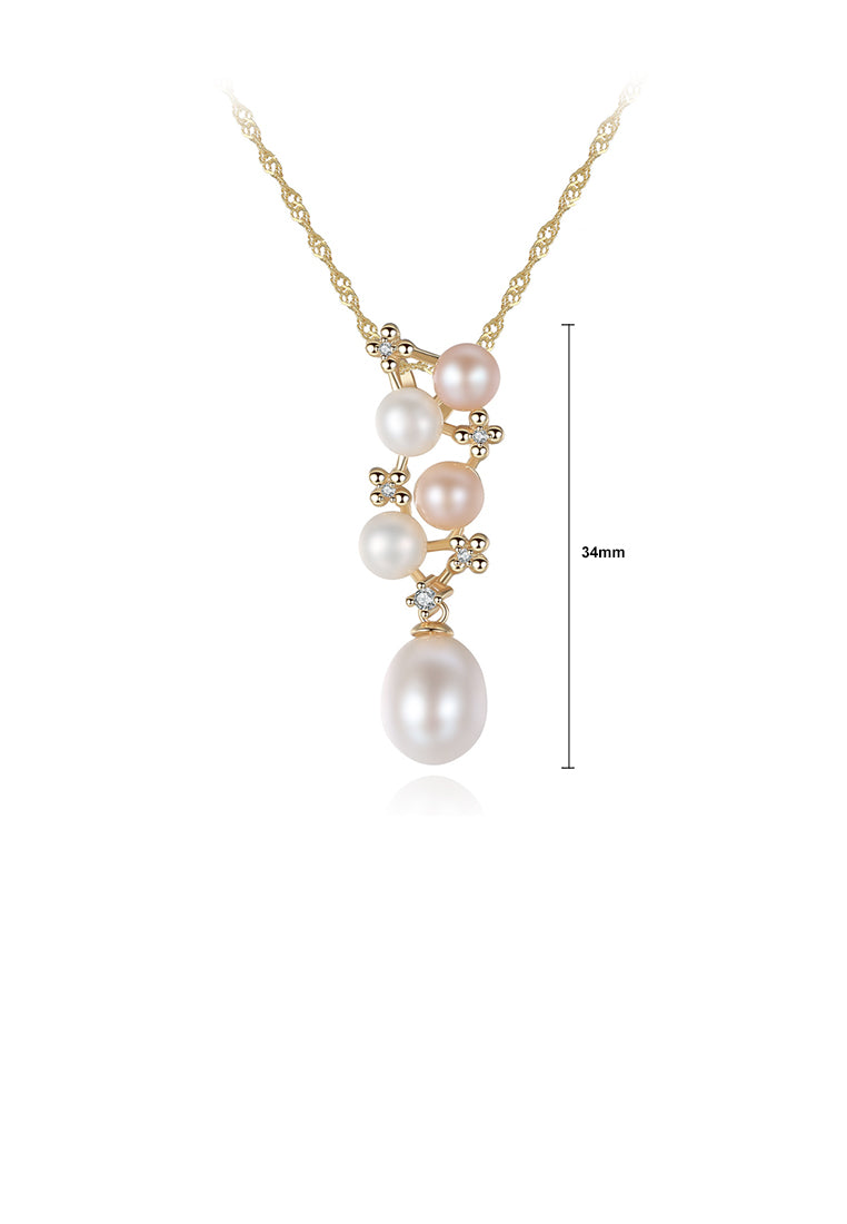 925 Sterling Silver Plated Gold Temperament Elegant Geometric Freshwater Pearl Pendant with Cubic Zirconia and Necklace - Luxurious Look