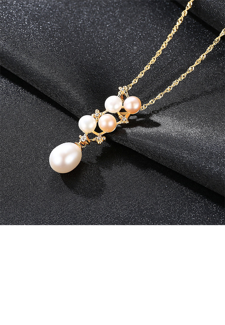 925 Sterling Silver Plated Gold Temperament Elegant Geometric Freshwater Pearl Pendant with Cubic Zirconia and Necklace - Luxurious Look