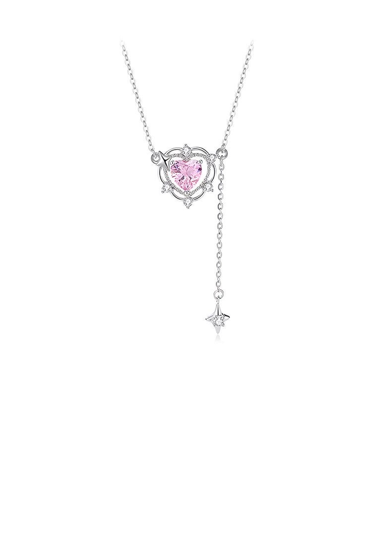 925 Sterling Silver Fashion Romantic Star Heart-shaped Tassel Pendant with Pink Cubic Zirconia and Necklace - Luxurious Look - Vibrant Color