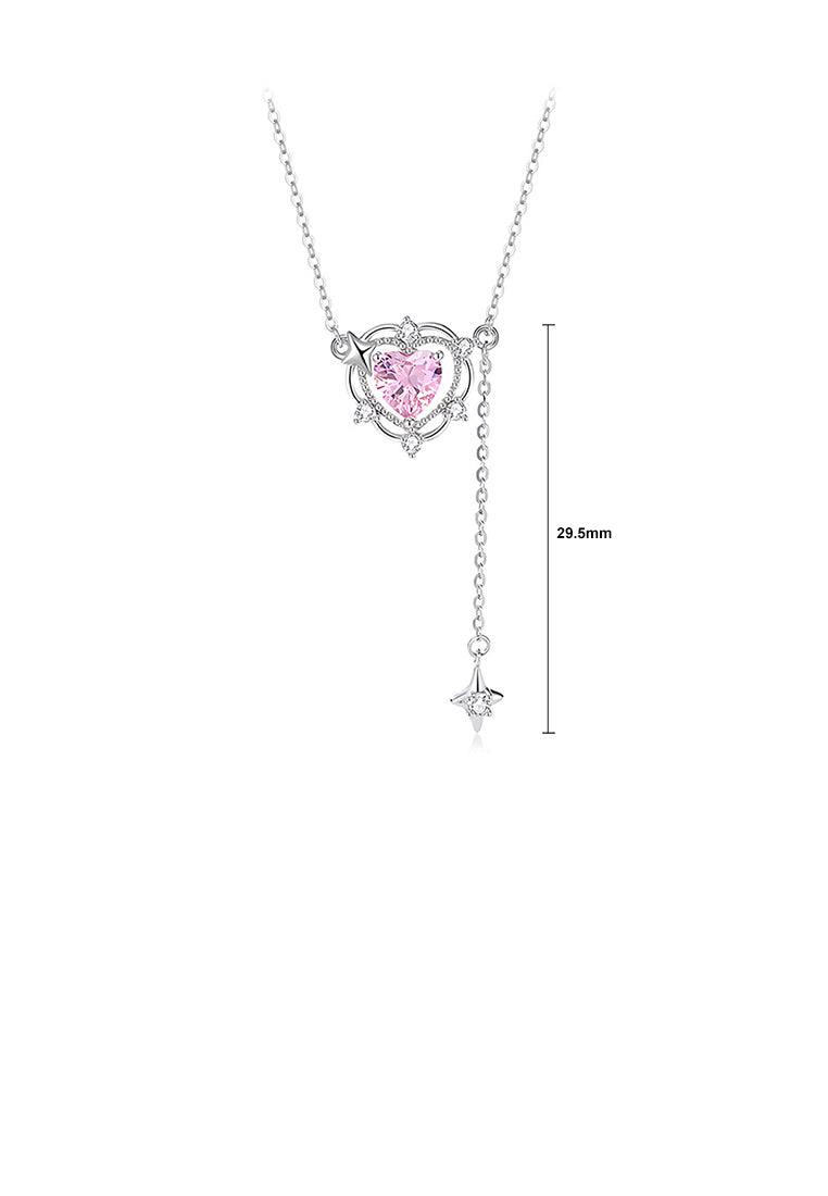 925 Sterling Silver Fashion Romantic Star Heart-shaped Tassel Pendant with Pink Cubic Zirconia and Necklace - Luxurious Look - Vibrant Color