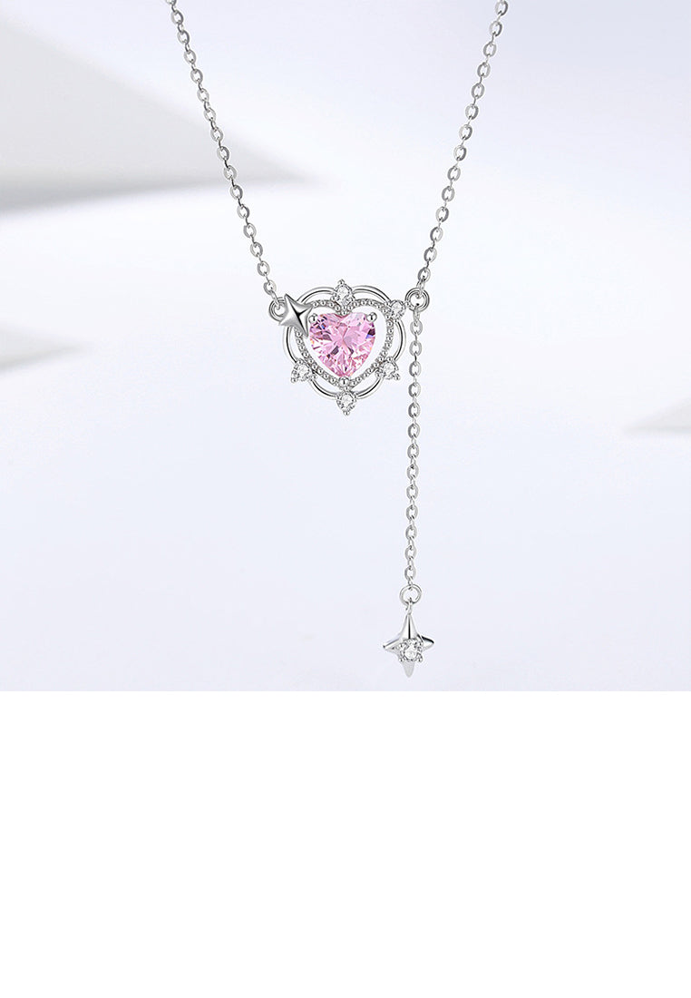 925 Sterling Silver Fashion Romantic Star Heart-shaped Tassel Pendant with Pink Cubic Zirconia and Necklace - Luxurious Look - Vibrant Color