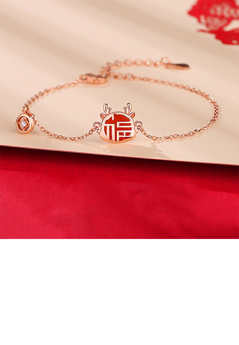 925 Sterling Silver Plated Rose Gold Fashion Vintage Zodiac Dragon Imitation Agate Copper Coin Bracelet with Cubic Zirconia - Luxurious Look