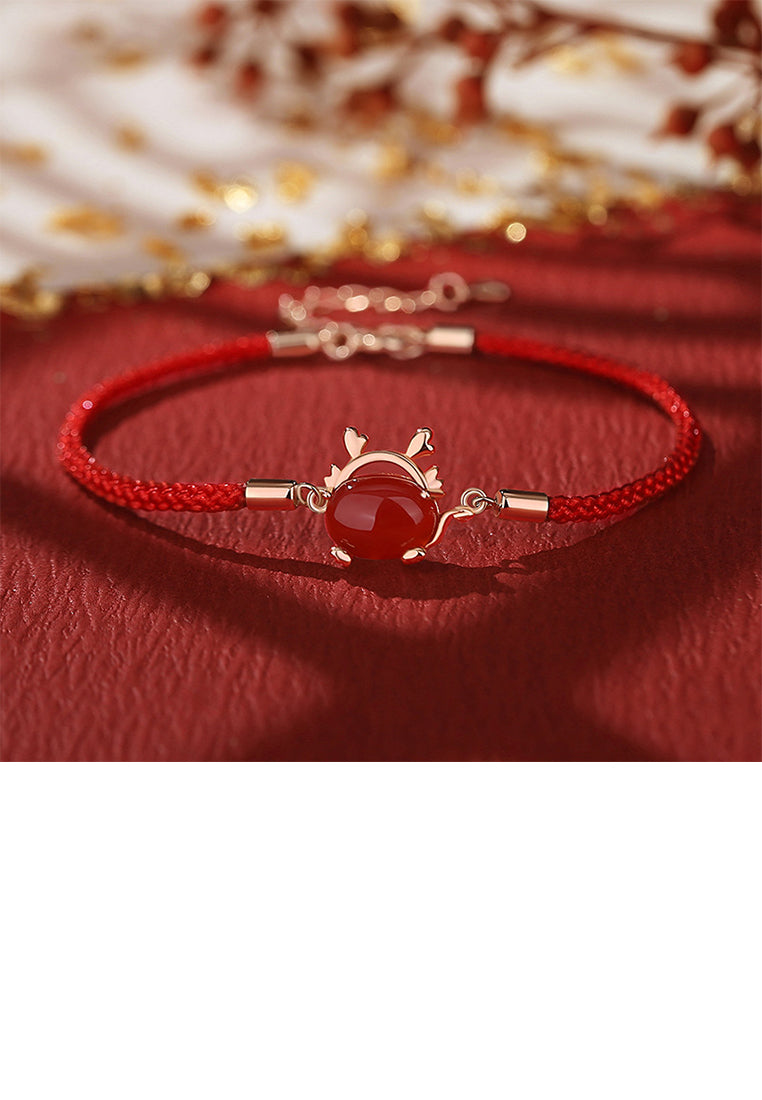 925 Sterling Silver Plated Rose Gold Simple and Cute Zodiac Dragon Imitation Agate Bracelet