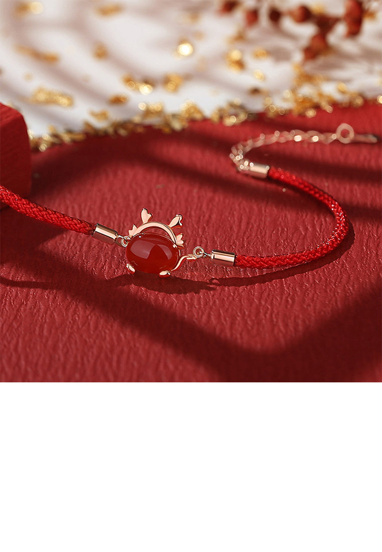 925 Sterling Silver Plated Rose Gold Simple and Cute Zodiac Dragon Imitation Agate Bracelet