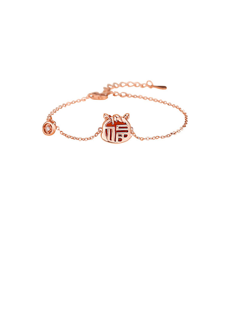 925 Sterling Silver Plated Rose Gold Fashion Vintage Zodiac Horse Imitation Agate Copper Coin Bracelet with Cubic Zirconia - Luxurious Look