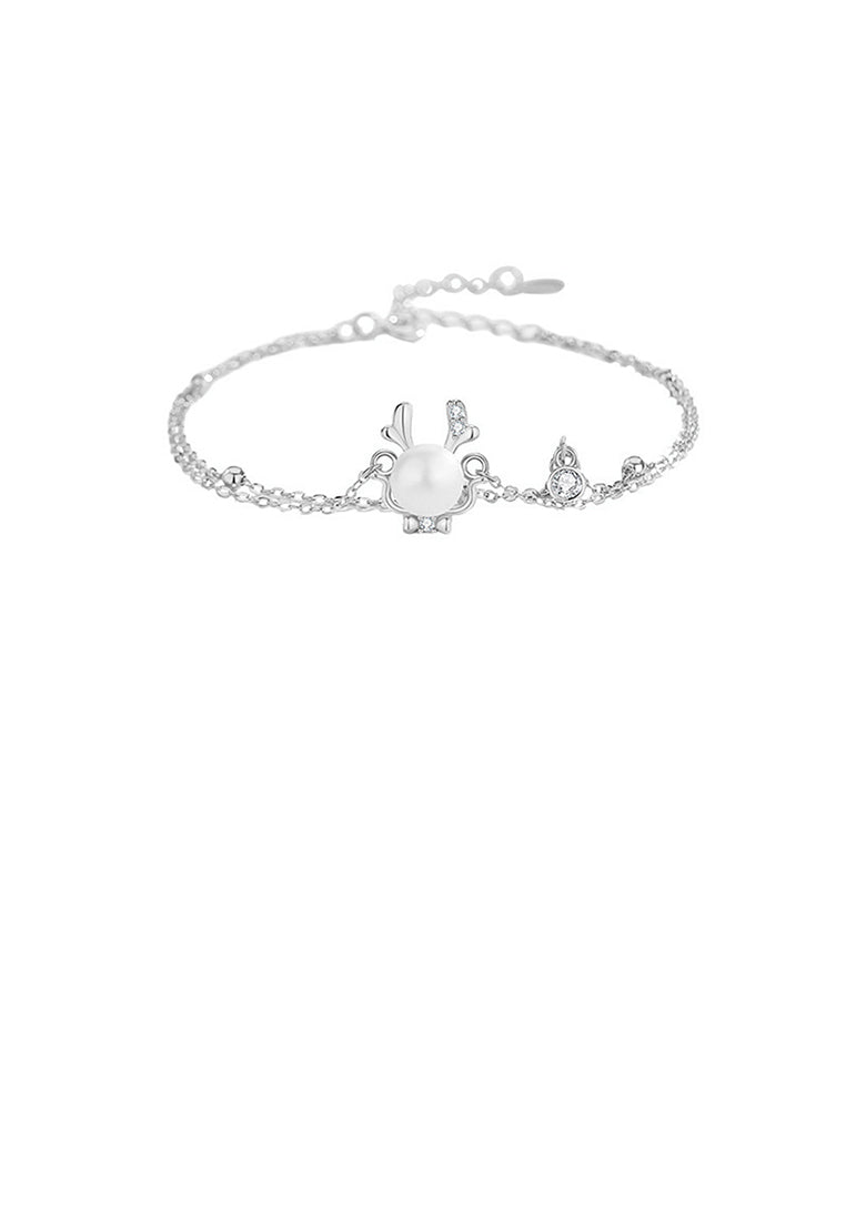 925 Sterling Silver Fashion and Creative Cute Dragon Imitation Pearl Double Layer Bracelet with Cubic Zirconia - Luxurious Look