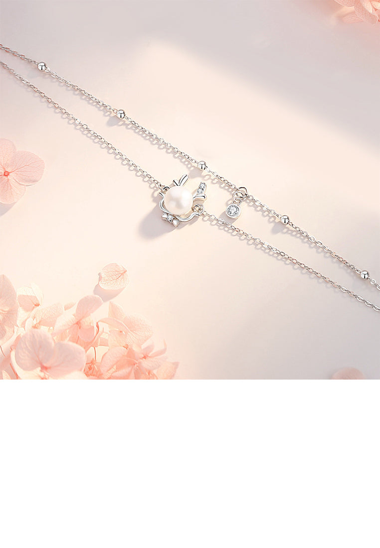 925 Sterling Silver Fashion and Creative Cute Dragon Imitation Pearl Double Layer Bracelet with Cubic Zirconia - Luxurious Look