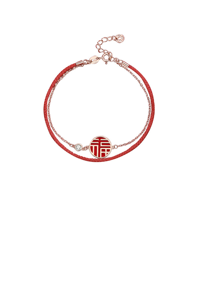 925 Sterling Silver Plated Rose Gold Fashion Vintage Geometric Round Double-layer Bracelet with Blessing Characters and Cubic Zirconia - Luxurious Look