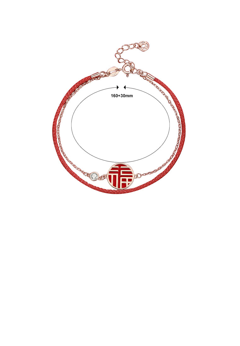 925 Sterling Silver Plated Rose Gold Fashion Vintage Geometric Round Double-layer Bracelet with Blessing Characters and Cubic Zirconia - Luxurious Look