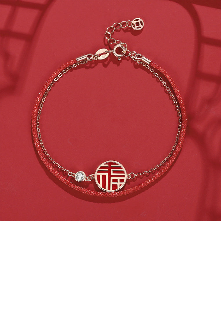 925 Sterling Silver Plated Rose Gold Fashion Vintage Geometric Round Double-layer Bracelet with Blessing Characters and Cubic Zirconia - Luxurious Look