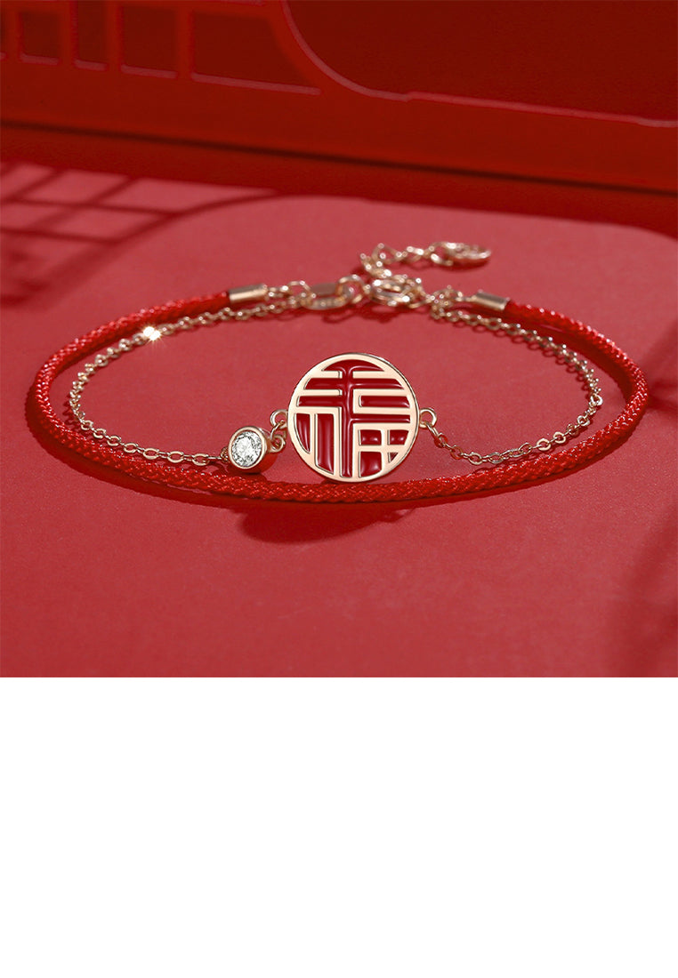 925 Sterling Silver Plated Rose Gold Fashion Vintage Geometric Round Double-layer Bracelet with Blessing Characters and Cubic Zirconia - Luxurious Look