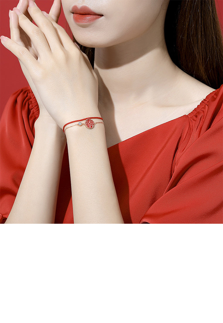 925 Sterling Silver Plated Rose Gold Fashion Vintage Geometric Round Double-layer Bracelet with Blessing Characters and Cubic Zirconia - Luxurious Look