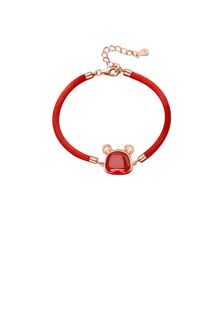 925 Sterling Silver Plated Rose Gold Simple Vintage Twelve Zodiac Mice Imitation Agate Bracelet
