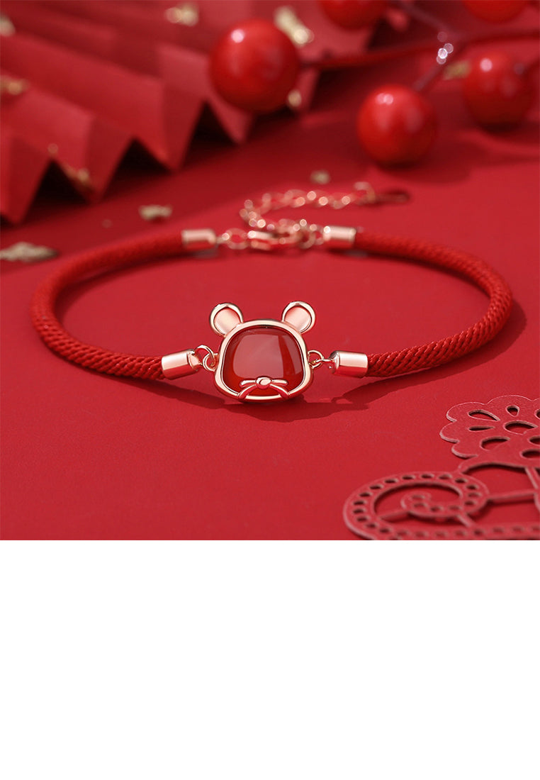 925 Sterling Silver Plated Rose Gold Simple Vintage Twelve Zodiac Mice Imitation Agate Bracelet
