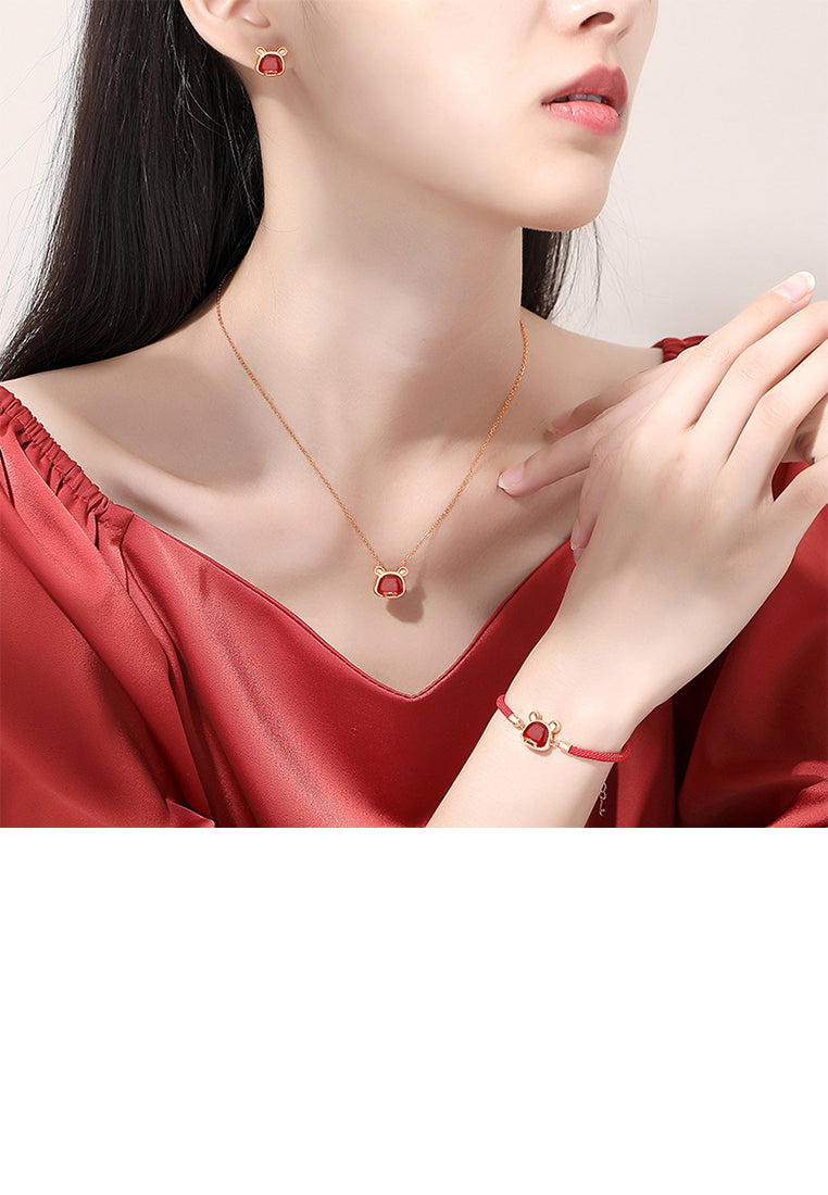 925 Sterling Silver Plated Rose Gold Simple Vintage Twelve Zodiac Mice Imitation Agate Bracelet