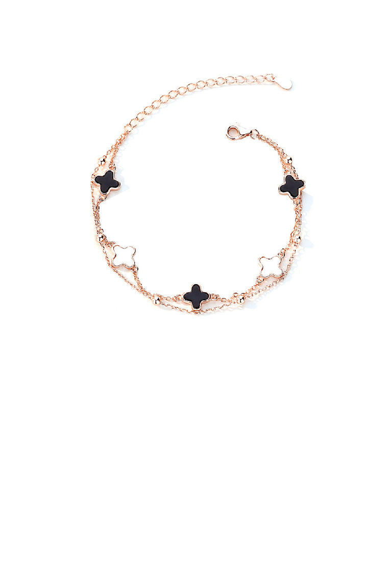 925 Sterling Silver Plated Rose Gold Fashion Temperament Four- Leafed Clover Double Layer Bracelet with Imitation Black Agate and Mother-of-pearl