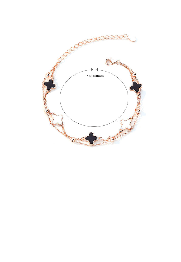 925 Sterling Silver Plated Rose Gold Fashion Temperament Four- Leafed Clover Double Layer Bracelet with Imitation Black Agate and Mother-of-pearl