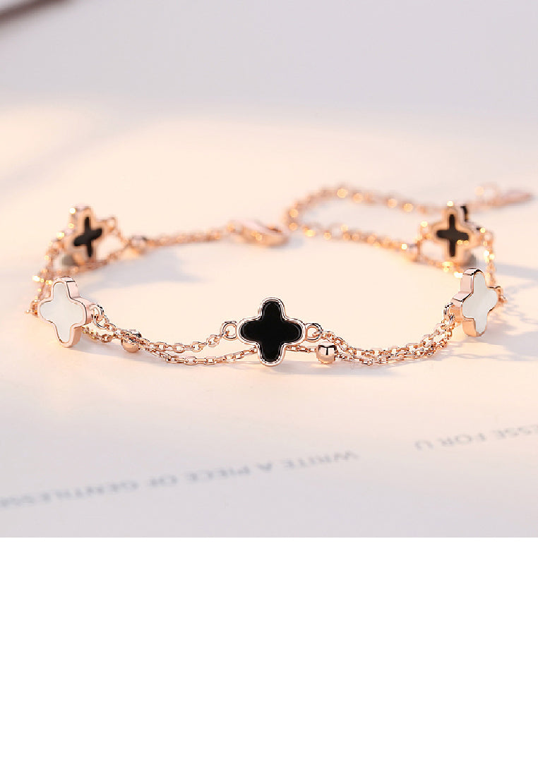 925 Sterling Silver Plated Rose Gold Fashion Temperament Four- Leafed Clover Double Layer Bracelet with Imitation Black Agate and Mother-of-pearl