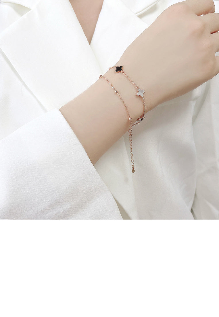 925 Sterling Silver Plated Rose Gold Fashion Temperament Four- Leafed Clover Double Layer Bracelet with Imitation Black Agate and Mother-of-pearl