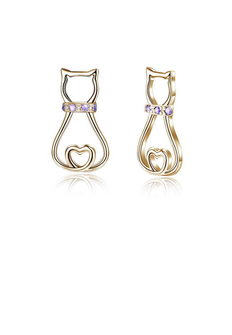 925 Sterling Silver Plated Champagne Gold Simple and Cute Cat Stud Earrings with Purple Austrian Element Crystal