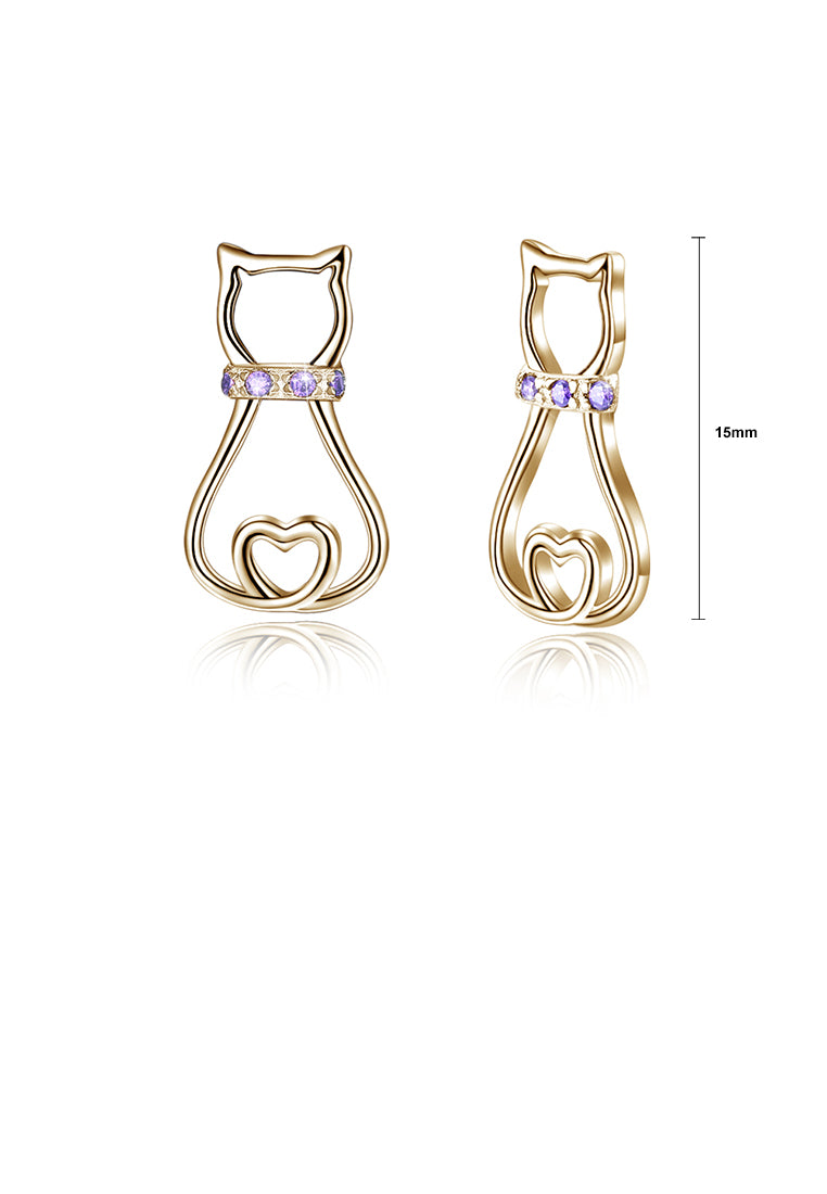 925 Sterling Silver Plated Champagne Gold Simple and Cute Cat Stud Earrings with Purple Austrian Element Crystal