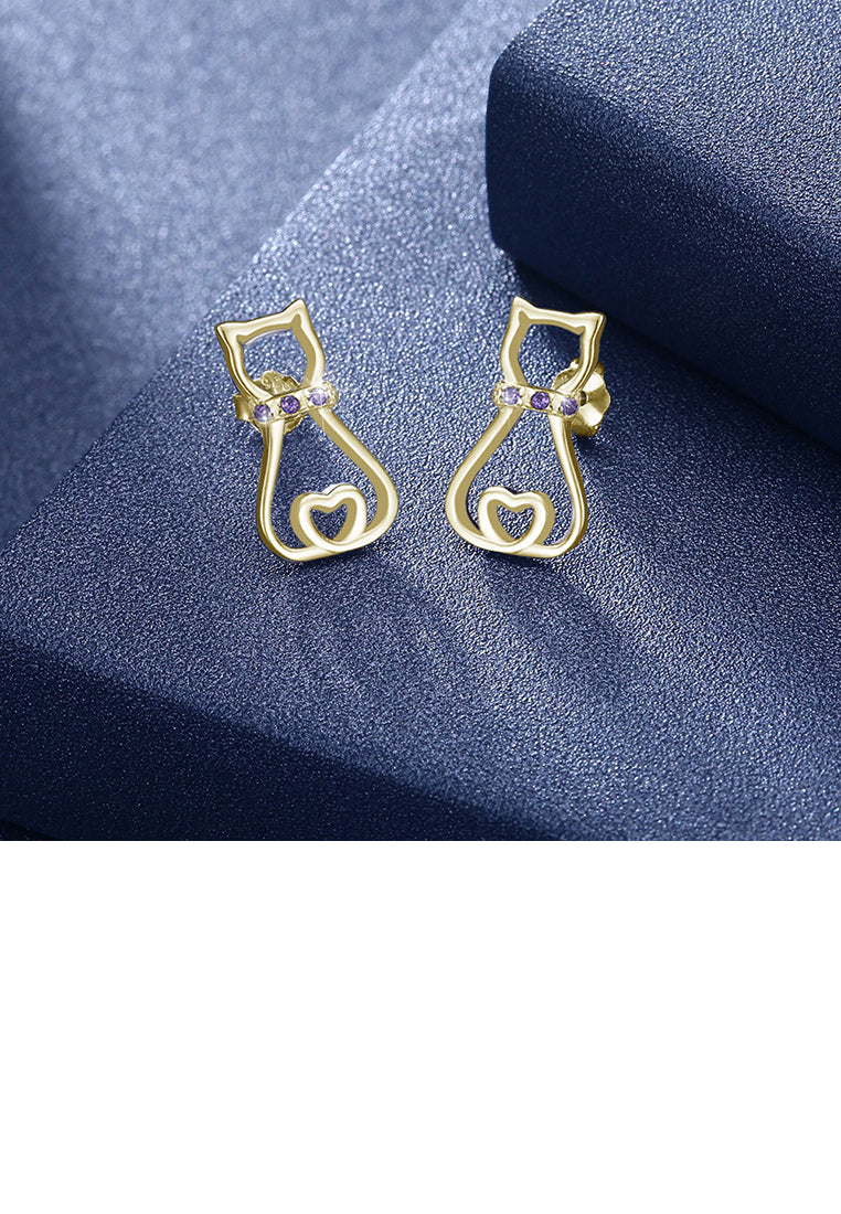 925 Sterling Silver Plated Champagne Gold Simple and Cute Cat Stud Earrings with Purple Austrian Element Crystal