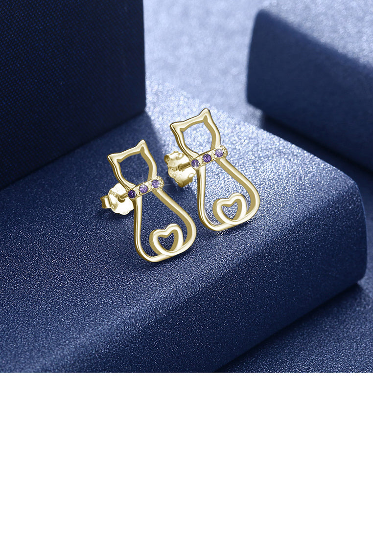 925 Sterling Silver Plated Champagne Gold Simple and Cute Cat Stud Earrings with Purple Austrian Element Crystal