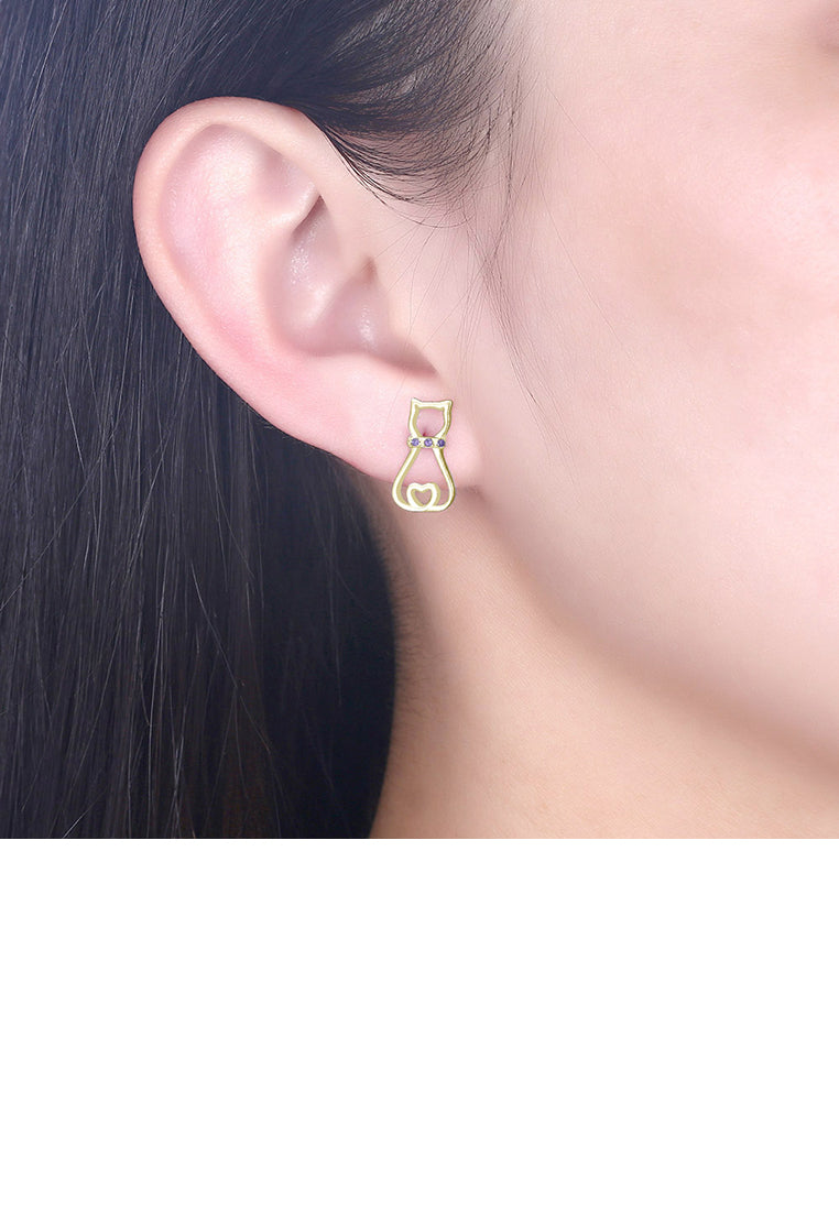 925 Sterling Silver Plated Champagne Gold Simple and Cute Cat Stud Earrings with Purple Austrian Element Crystal