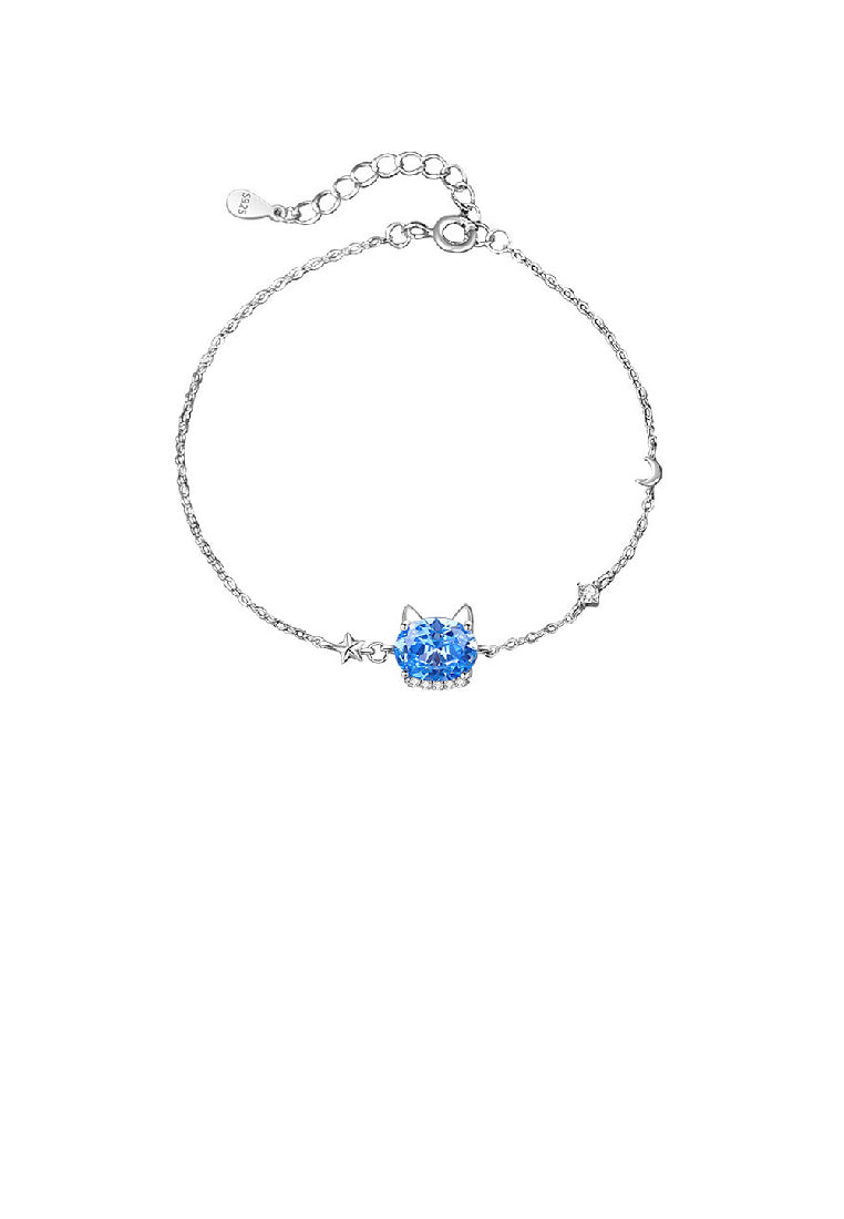 925 Sterling Silver Simple and Cute Cat Bracelet with Blue Cubic Zirconia - Luxurious Look