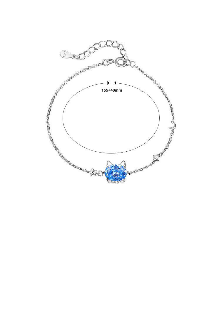 925 Sterling Silver Simple and Cute Cat Bracelet with Blue Cubic Zirconia - Luxurious Look