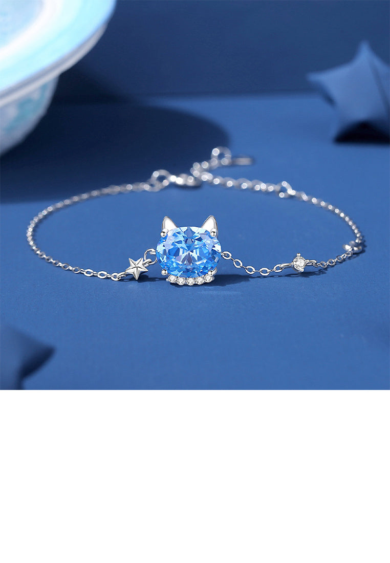 925 Sterling Silver Simple and Cute Cat Bracelet with Blue Cubic Zirconia - Luxurious Look