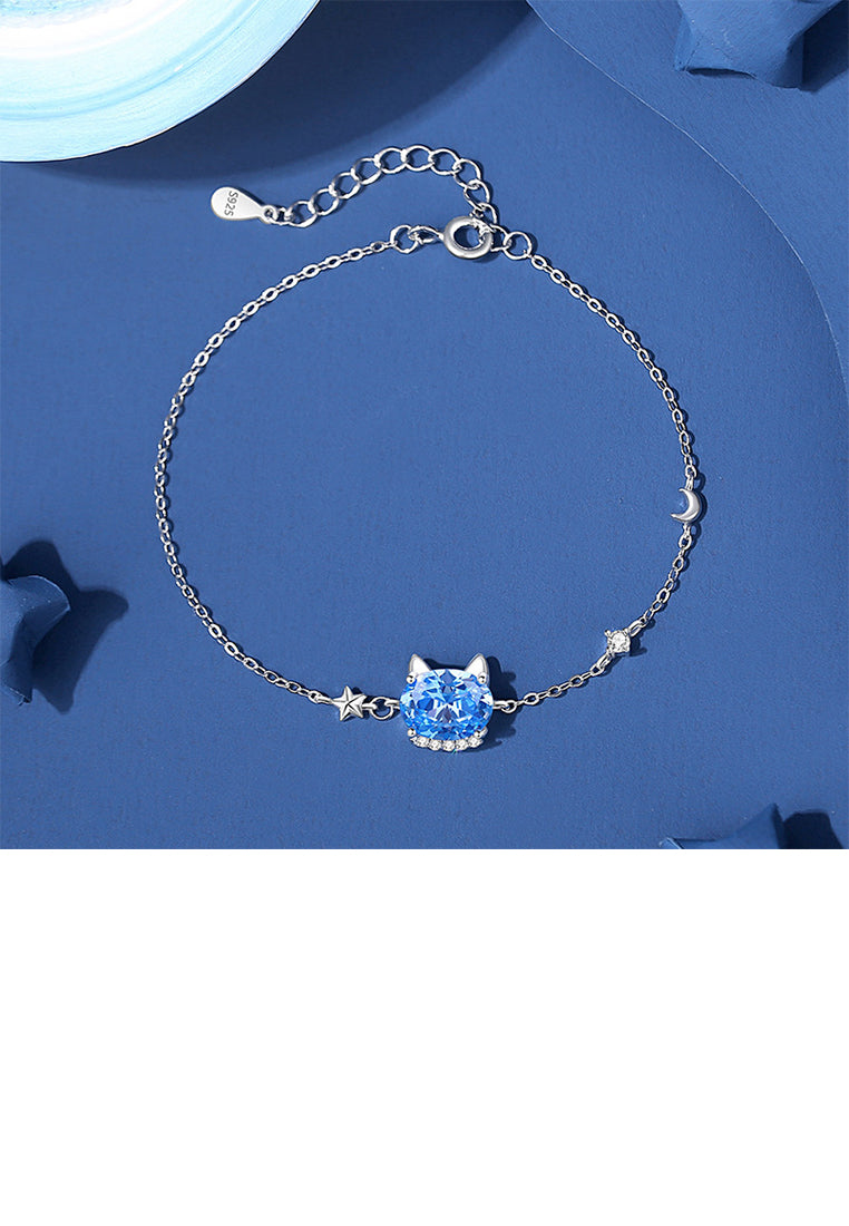 925 Sterling Silver Simple and Cute Cat Bracelet with Blue Cubic Zirconia - Luxurious Look