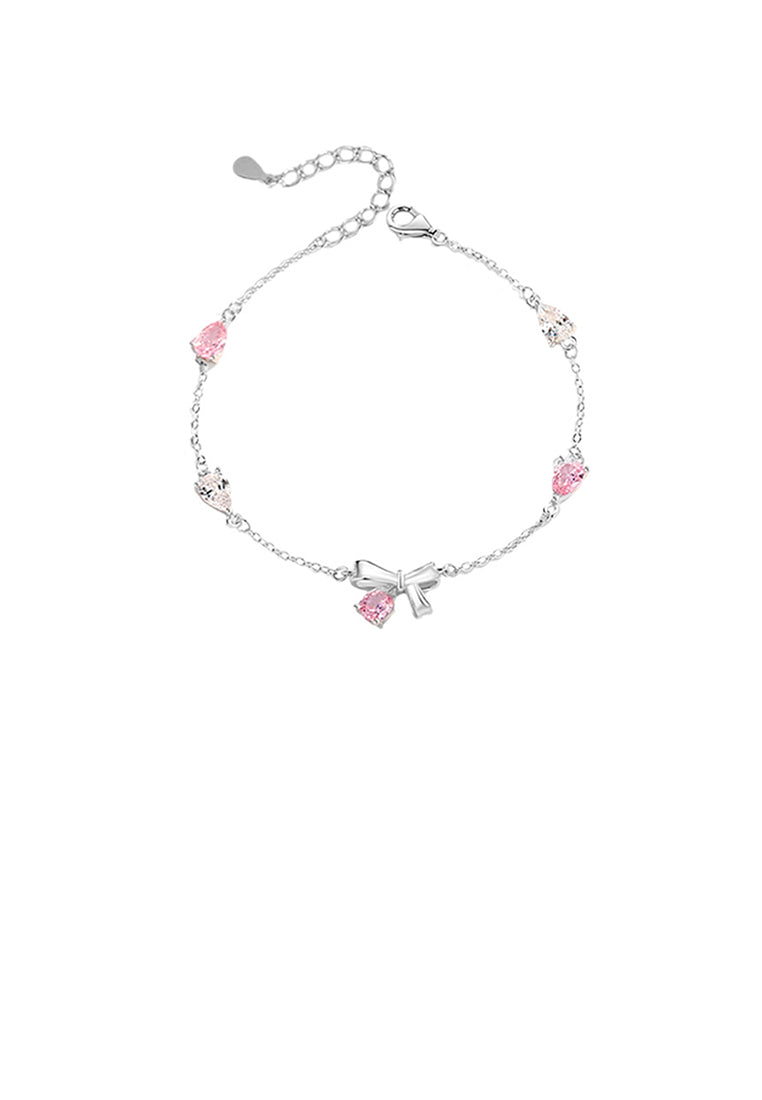 925 Sterling Silver Simple Sweet Ribbon Bracelet with Pink Cubic Zirconia - Luxurious Look - Vibrant Color