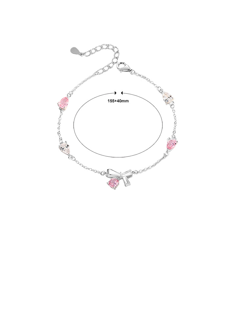 925 Sterling Silver Simple Sweet Ribbon Bracelet with Pink Cubic Zirconia - Luxurious Look - Vibrant Color