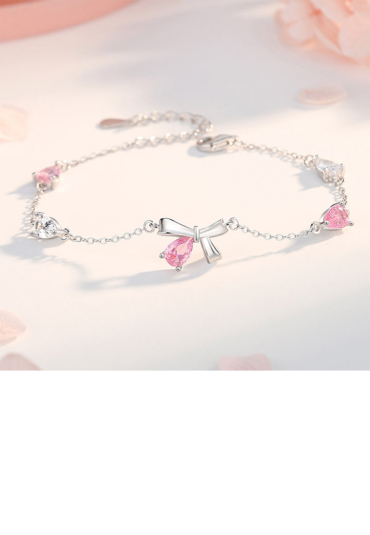 925 Sterling Silver Simple Sweet Ribbon Bracelet with Pink Cubic Zirconia - Luxurious Look - Vibrant Color