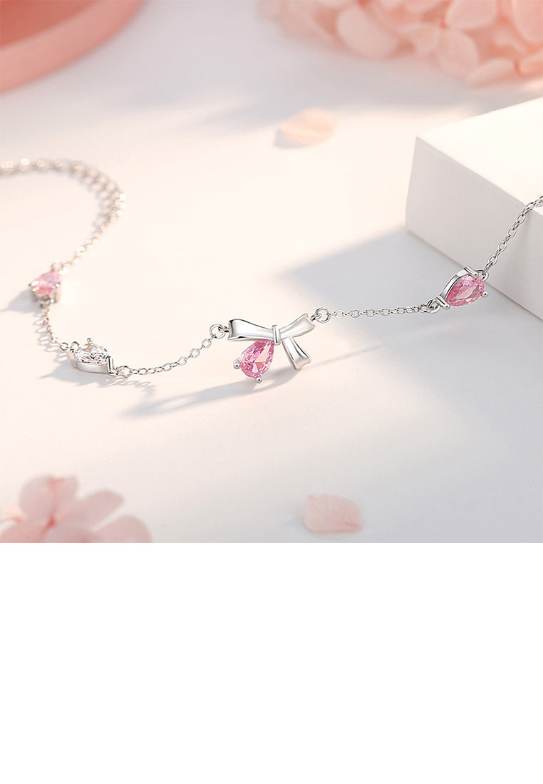 925 Sterling Silver Simple Sweet Ribbon Bracelet with Pink Cubic Zirconia - Luxurious Look - Vibrant Color