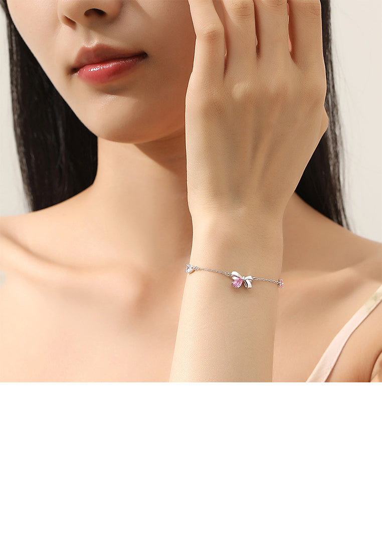 925 Sterling Silver Simple Sweet Ribbon Bracelet with Pink Cubic Zirconia - Luxurious Look - Vibrant Color