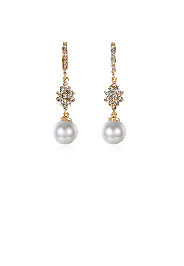 Elegant Golden Flower Earrings with Fashion Pearls and Austrian Element Crystals(undefine)
