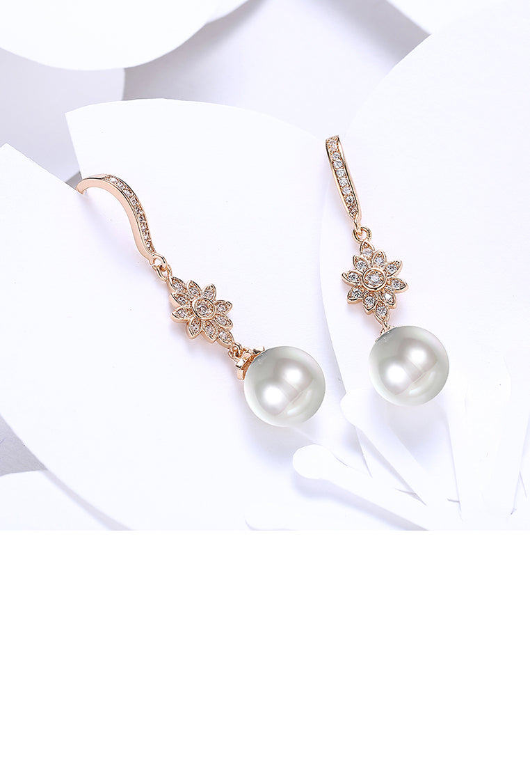 Elegant Golden Flower Earrings with Fashion Pearls and Austrian Element Crystals(undefine)
