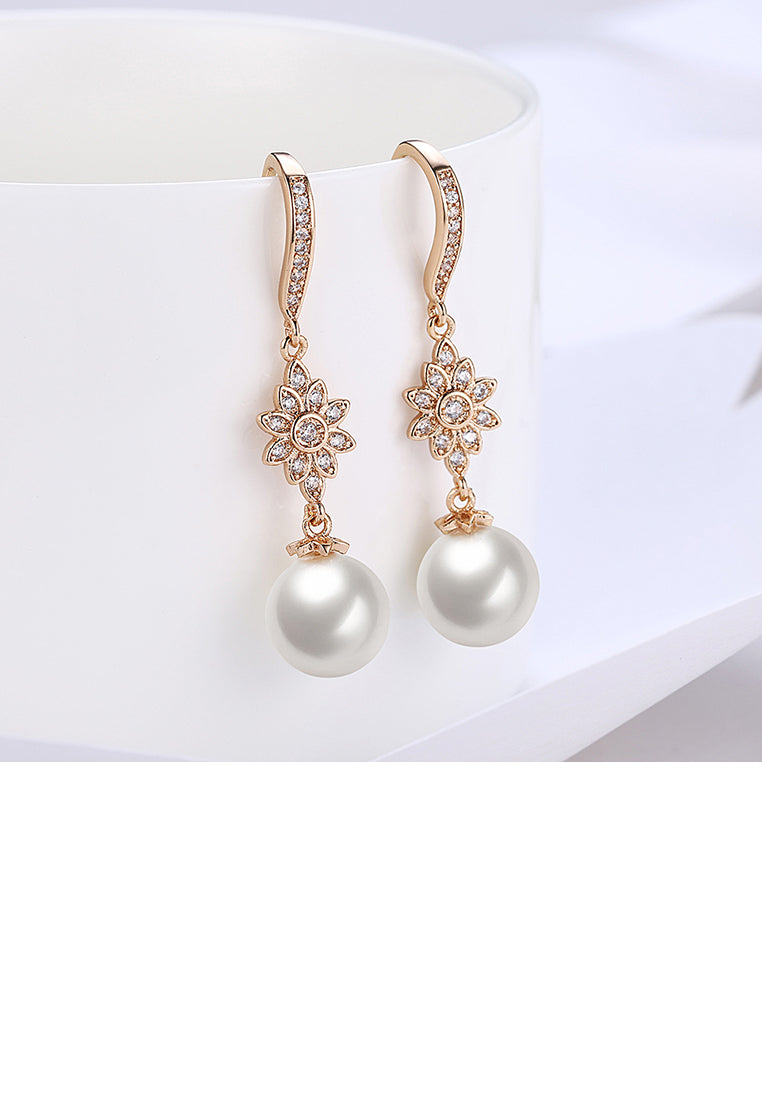 Elegant Golden Flower Earrings with Fashion Pearls and Austrian Element Crystals(undefine)